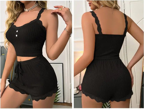 Ensemble pyjama sexy été femme – Dentelle, top à bretelles & short doux
