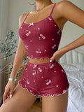 Ensemble Pyjama Femme Été – Haut Court &amp; Short Côtelé avec Nœud Décoratif et Imprimé Cerises 🍒