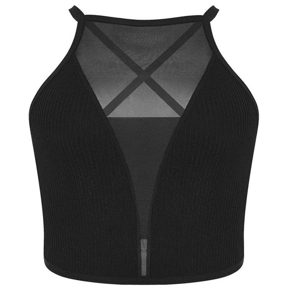 Haut Corset Femme en Maille Ajourée – Top Sexy Col Licou Y2K