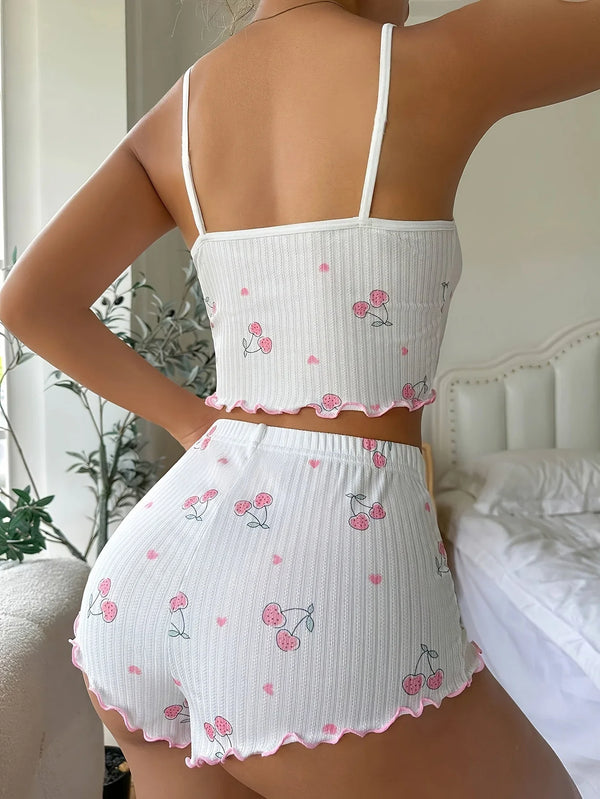 Ensemble Pyjama Femme Été – Haut Court &amp; Short Côtelé avec Nœud Décoratif et Imprimé Cerises 🍒