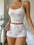 Ensemble Pyjama Femme Été – Haut Court &amp; Short Côtelé avec Nœud Décoratif et Imprimé Cerises 🍒