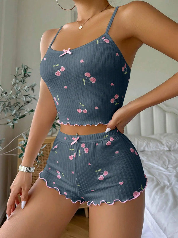 Ensemble Pyjama Femme Été – Haut Court &amp; Short Côtelé avec Nœud Décoratif et Imprimé Cerises 🍒
