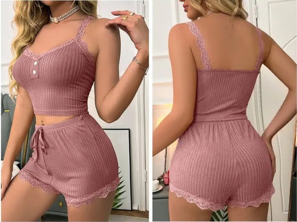 Ensemble pyjama sexy été femme – Dentelle, top à bretelles & short doux